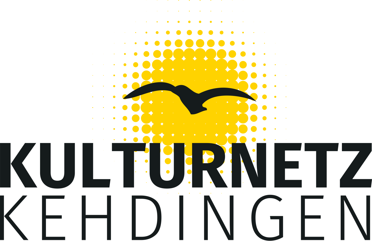 Logo des Kulturnetz Kehdingen. Schrift mit gelber Sonne und Möwe.